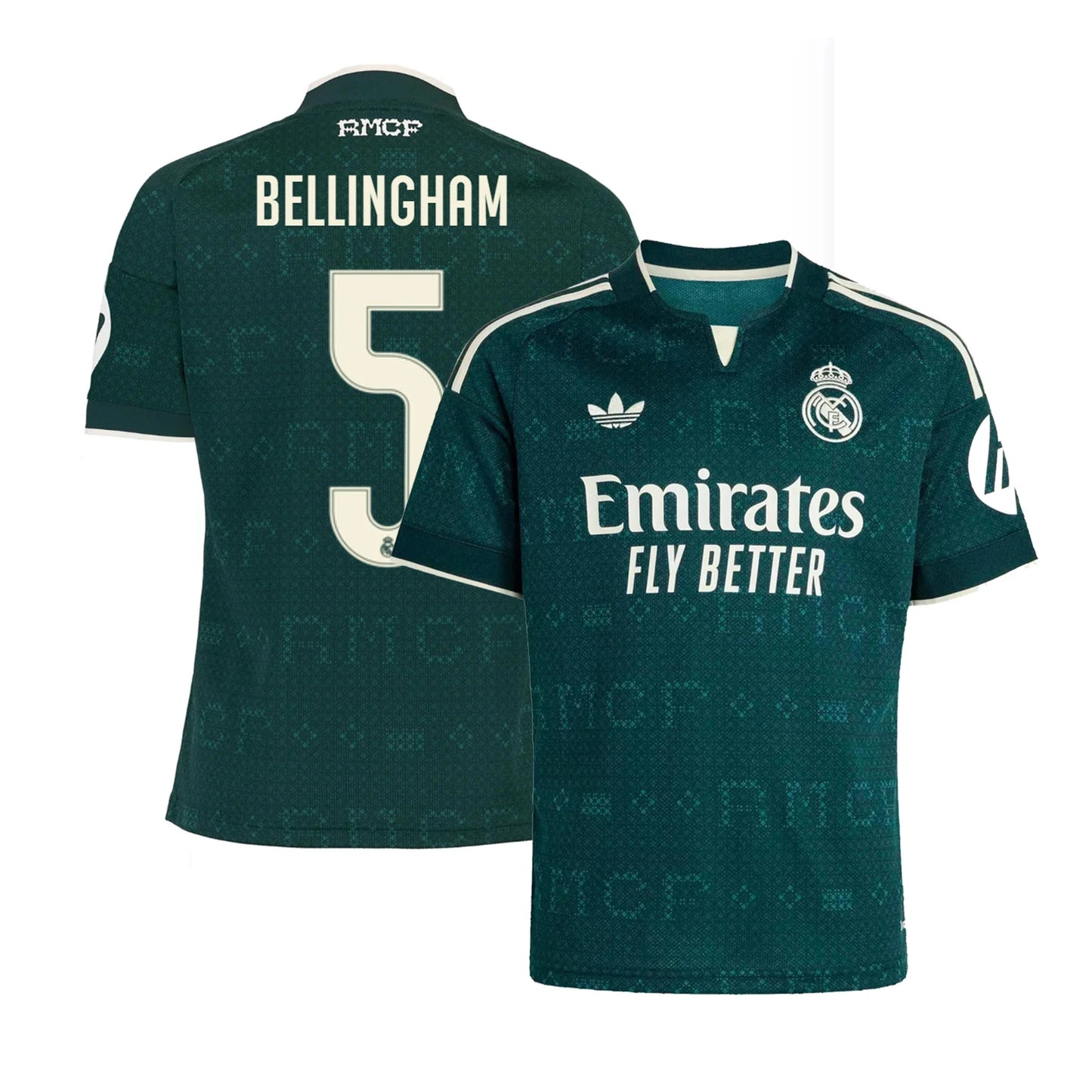 Front and back view of youth Real Madrid 2026-2027 away green replica jersey featuring Judy Bellingham by Final Third Kit