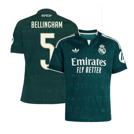 Front and back view of youth Real Madrid 2026-2027 away green replica jersey featuring Judy Bellingham by Final Third Kit