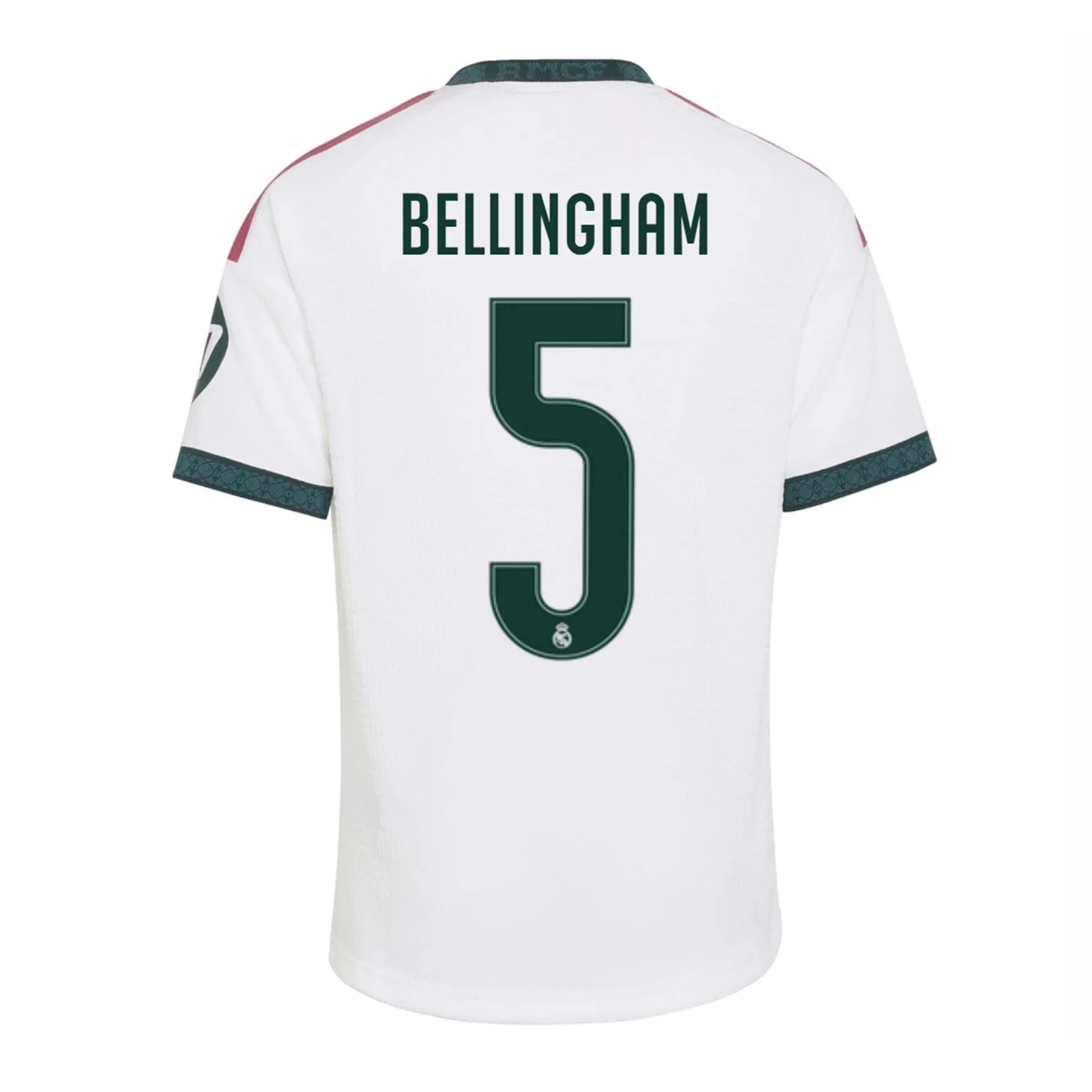 Back view of youth Real Madrid 2026-2027 home white football shirt with Judy Bellingham name and number 5 printing by Final Third Kit