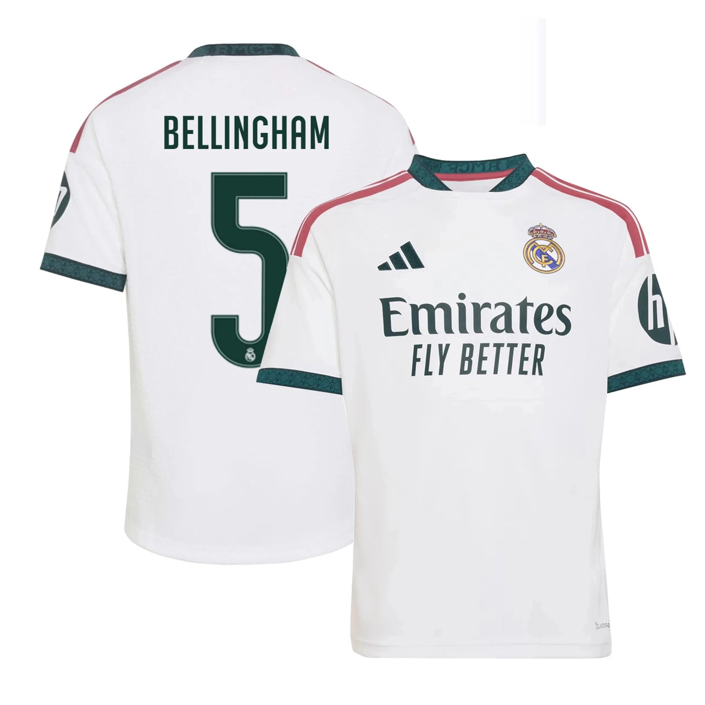 Front and back view of youth Real Madrid 2026-2027 home white replica jersey featuring Judy Bellingham by Final Third Kit