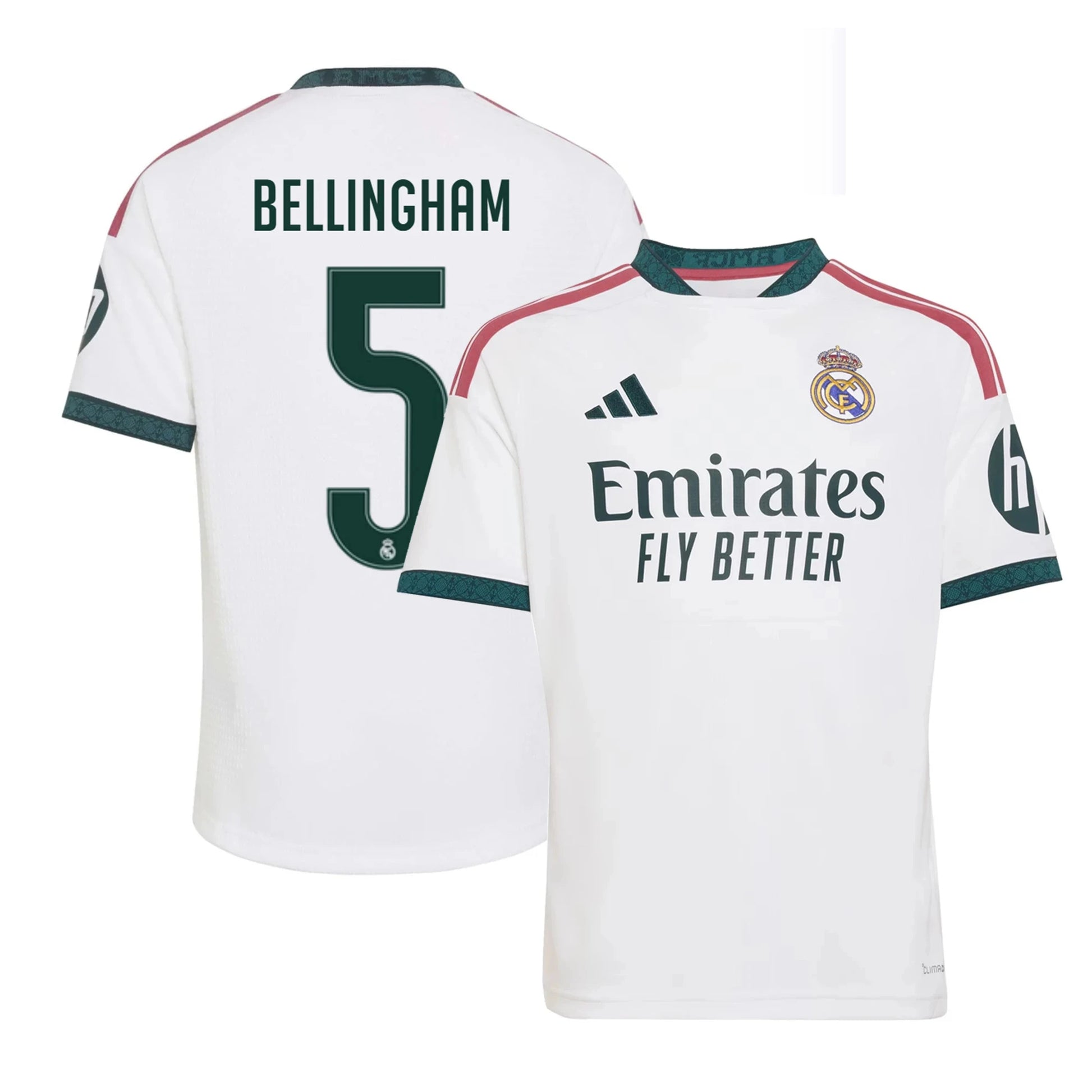 Front and back view of youth Real Madrid 2026-2027 home white replica jersey featuring Judy Bellingham by Final Third Kit