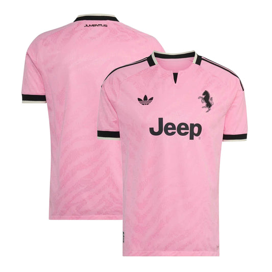 Front and back view of Juventus 2026-2027 away pink on-field authentic jersey by Final Third Kit