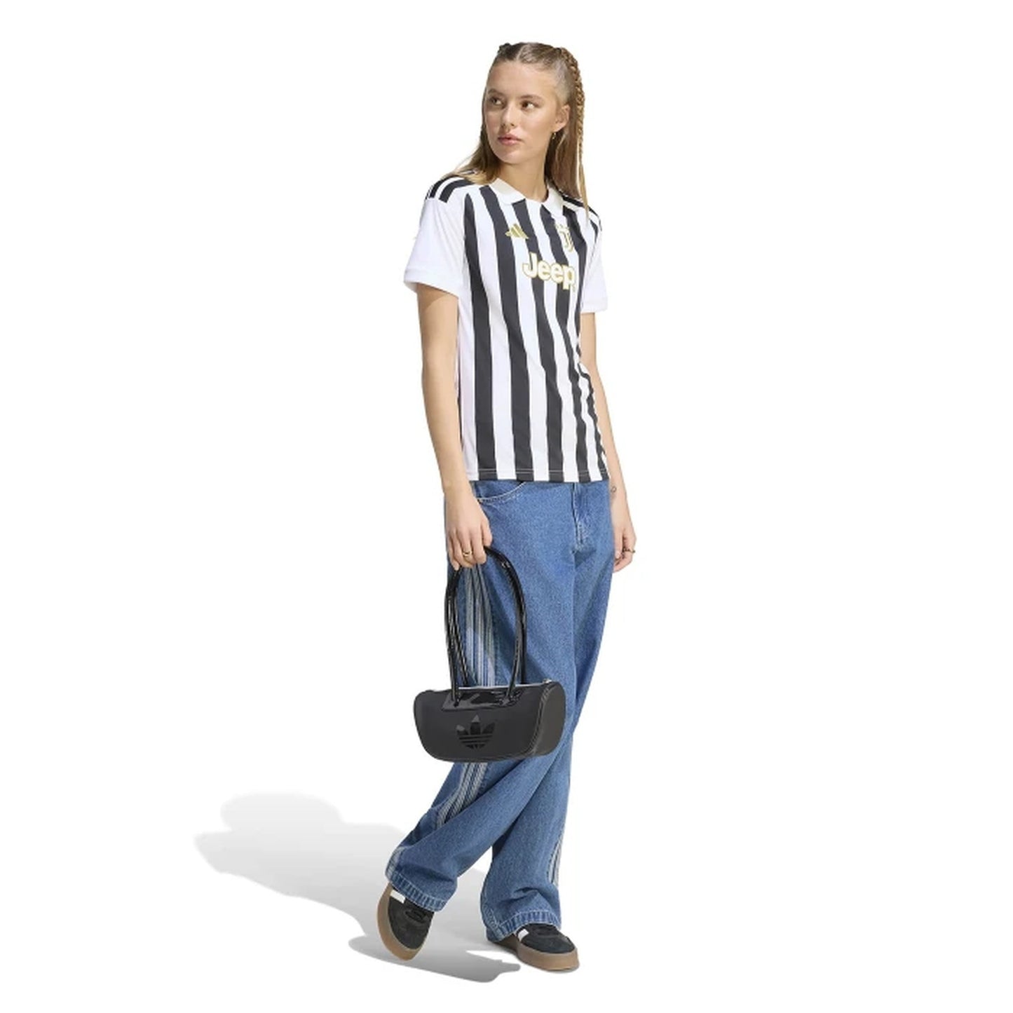 Model wearing Juventus 2026/27 women's home jersey casual outfit