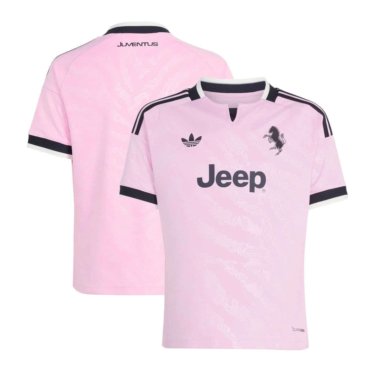 Front and back view of youth Juventus 2026-2027 away pink replica jersey by Final Third Kit