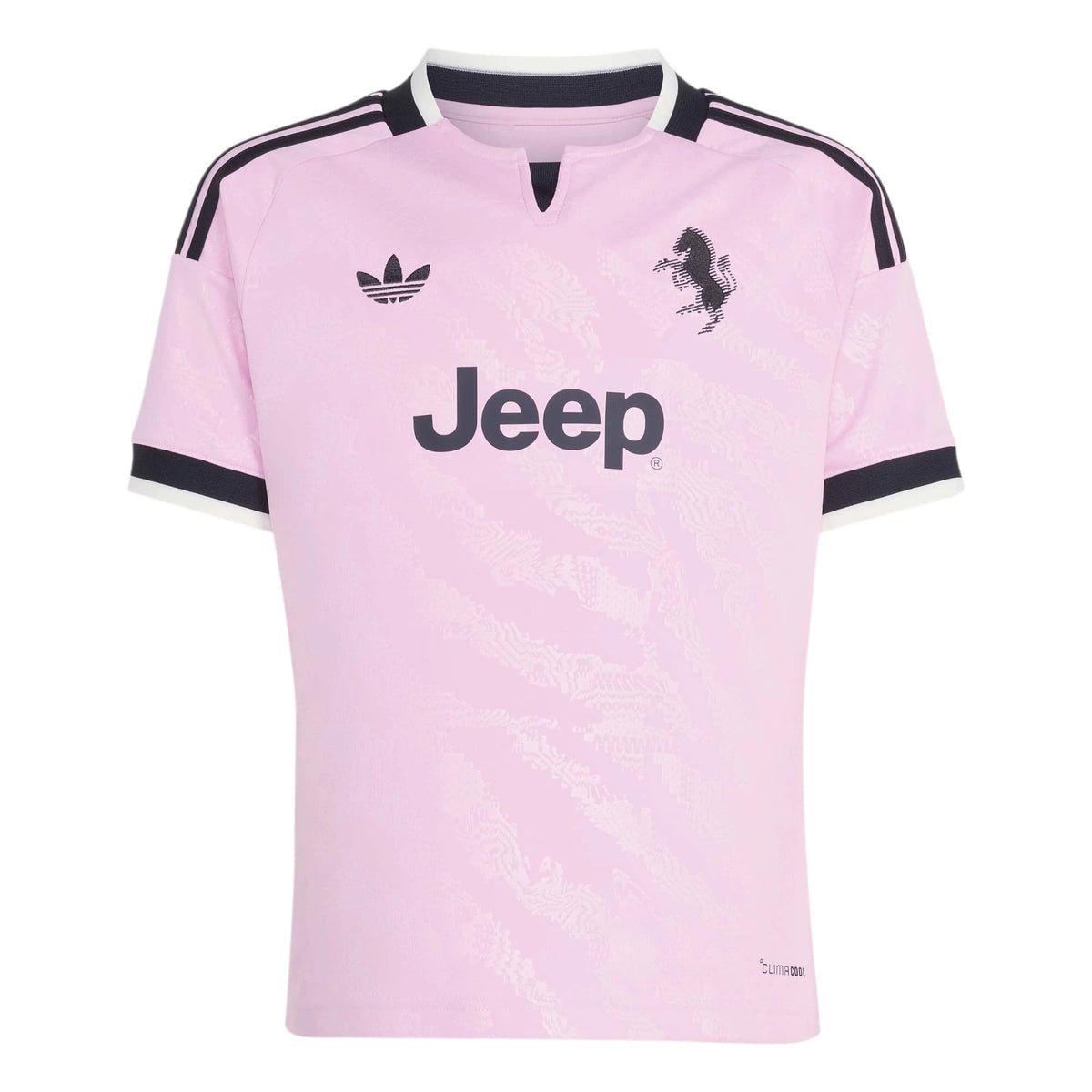 Front view of youth Juventus 2026-2027 away pink replica soccer jersey by Final Third Kit