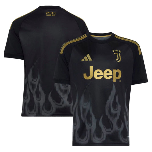 Front and back view of youth Juventus 2026-2027 third black replica jersey by Final Third Kit