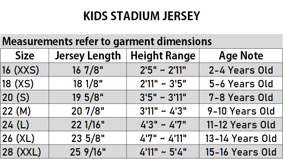 A sizing chart for kids stadium jerseys showing measurements by size from XXS to XXL, with columns for jersey length, height range, and age note.