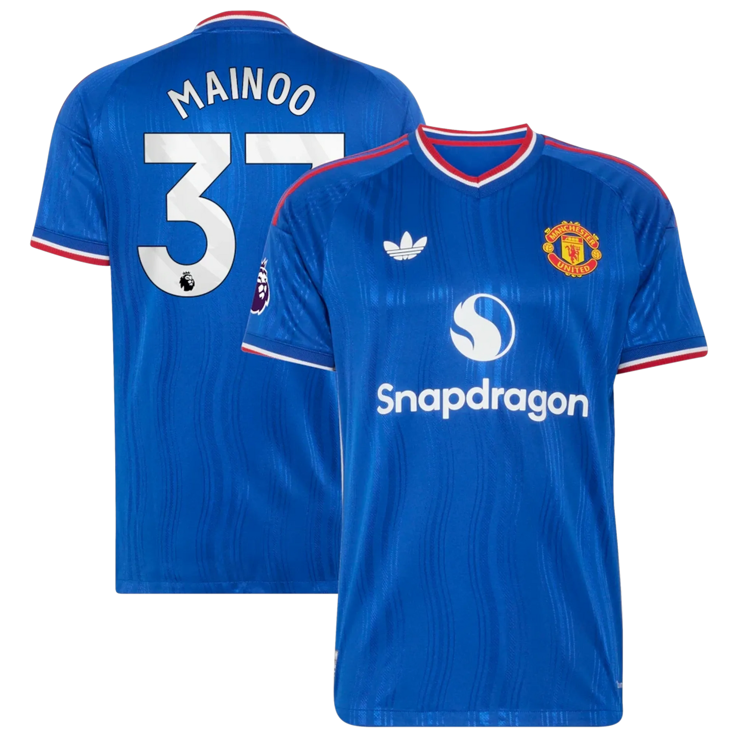 Front and back view of men's Manchester United 2026-2027 away royal blue on-field authentic jersey featuring Kobbie Mainoo by Final Third Kit