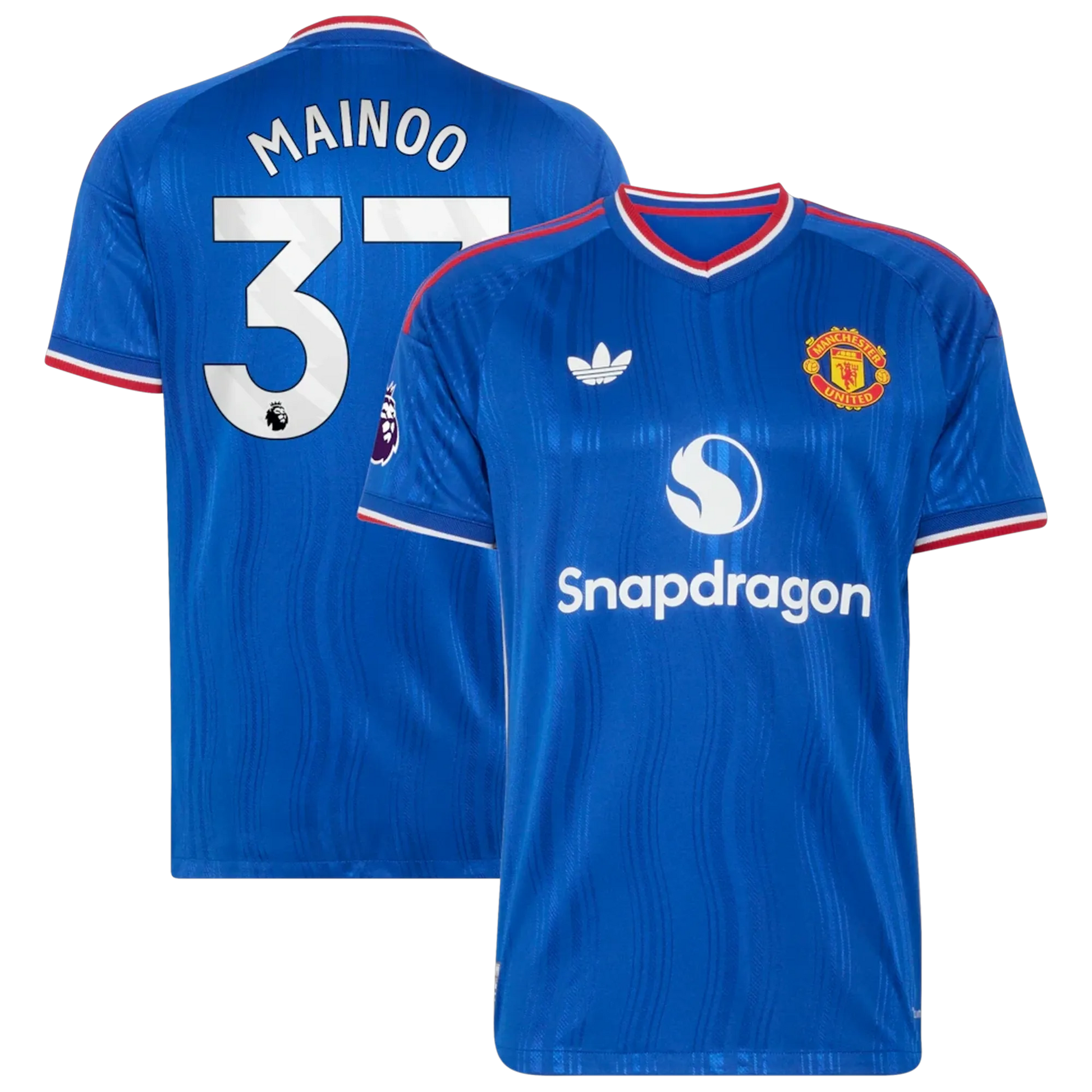 Front and back view of men's Manchester United 2026-2027 away royal blue on-field authentic jersey featuring Kobbie Mainoo by Final Third Kit