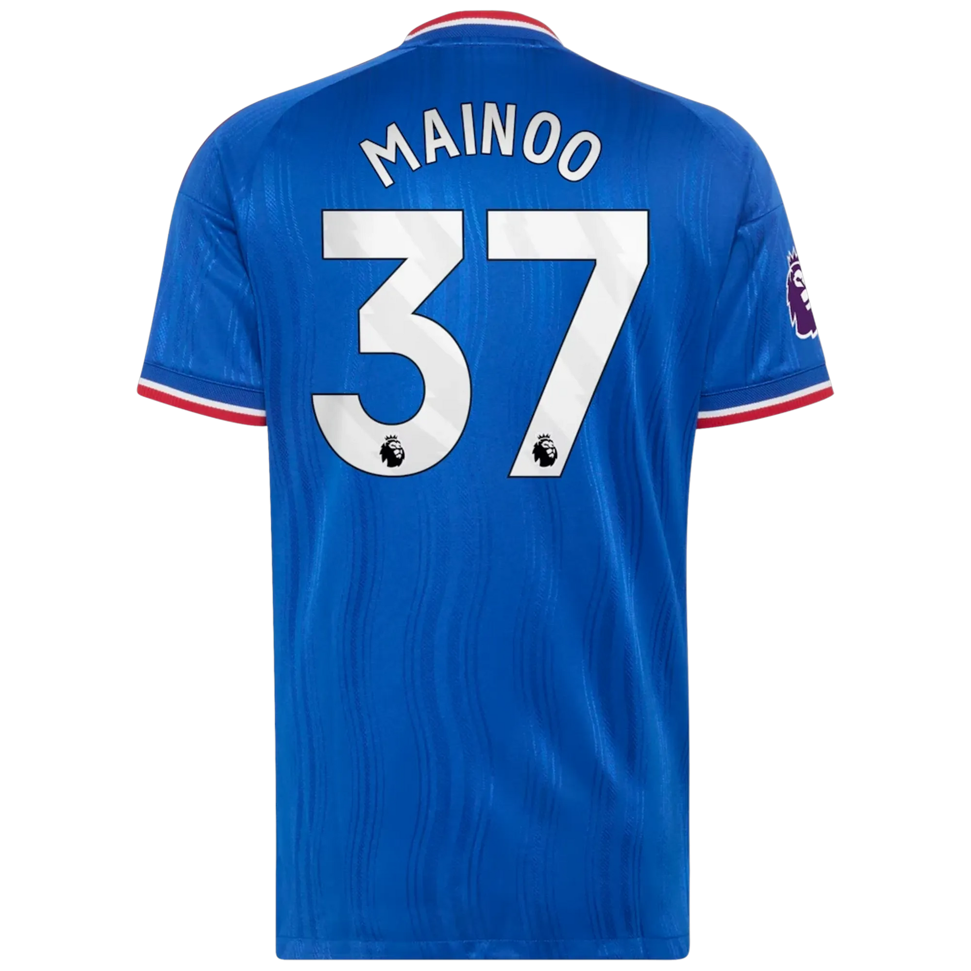 Back view of men's Manchester United 2026-2027 away royal blue on-field authentic football shirt with Kobbie Mainoo name and number 37 printing by Final Third Kit