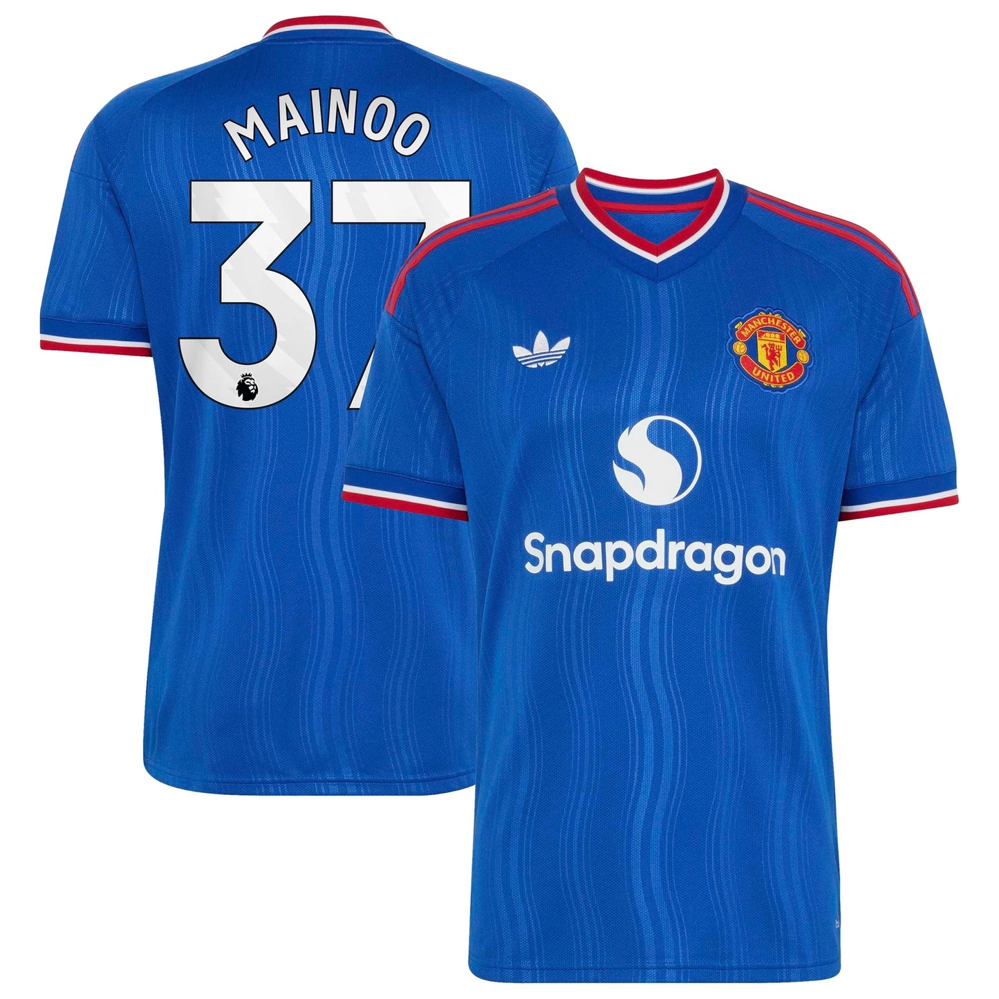 Front and back view of men's Manchester United 2026-2027 away royal blue replica jersey featuring Kobbie Mainoo by Final Third Kit