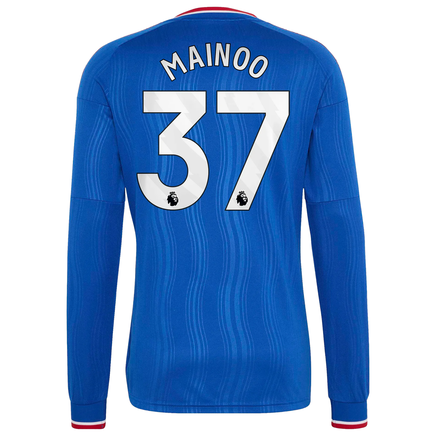 Back view of men's Manchester United 2026-2027 away royal blue replica long sleeve football shirt with Kobbie Mainoo name and number 37 printing by Final Third Kit