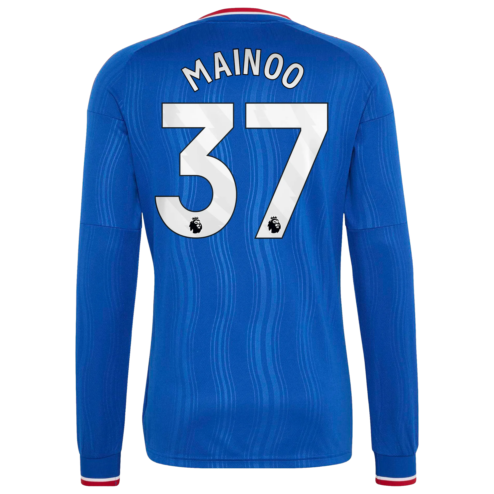 Back view of men's Manchester United 2026-2027 away royal blue replica long sleeve football shirt with Kobbie Mainoo name and number 37 printing by Final Third Kit