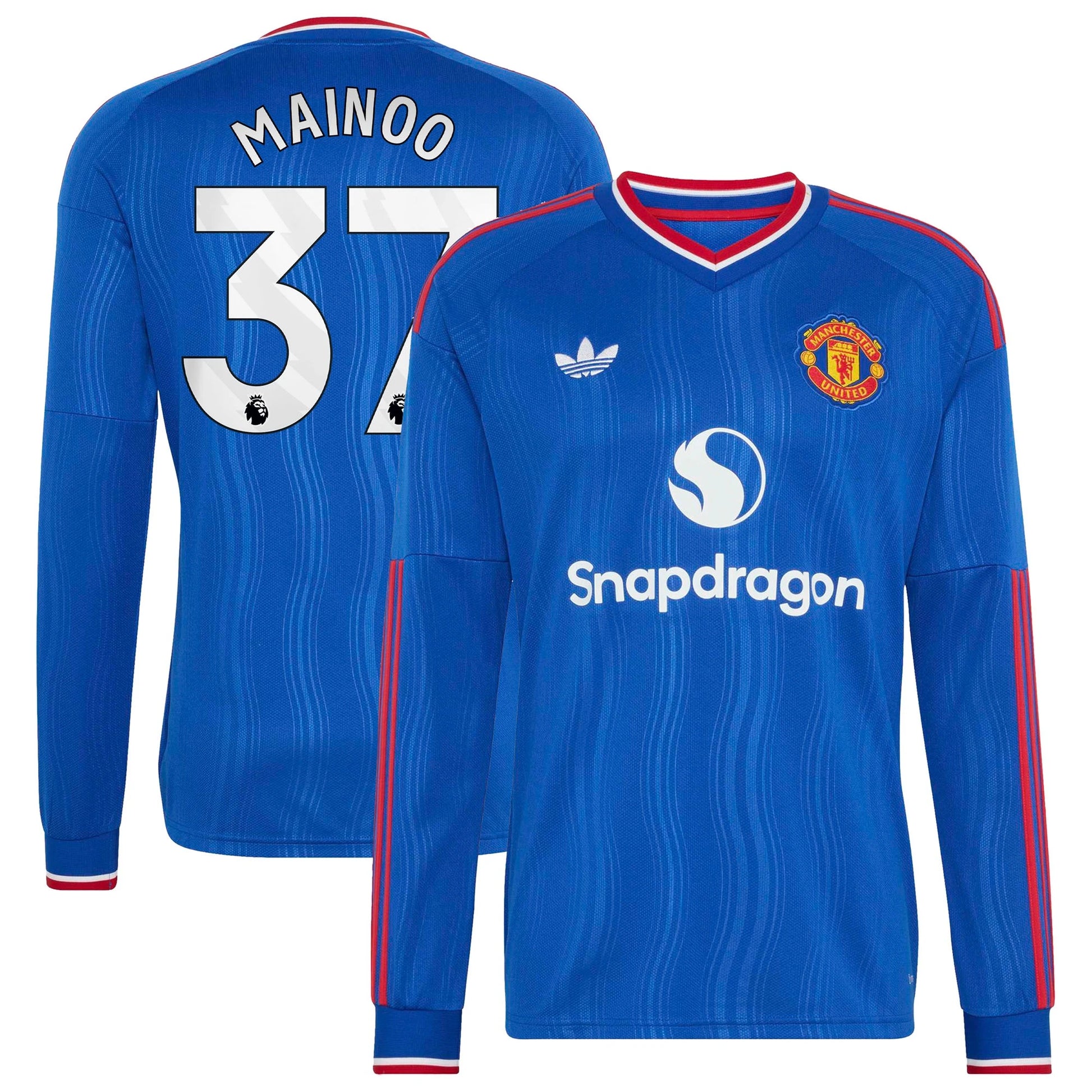 Front and back view of men's Manchester United 2026-2027 away royal blue replica long sleeve jersey featuring Kobbie Mainoo by Final Third Kit