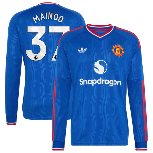 Front and back view of men's Manchester United 2026-2027 away royal blue replica long sleeve jersey featuring Kobbie Mainoo by Final Third Kit