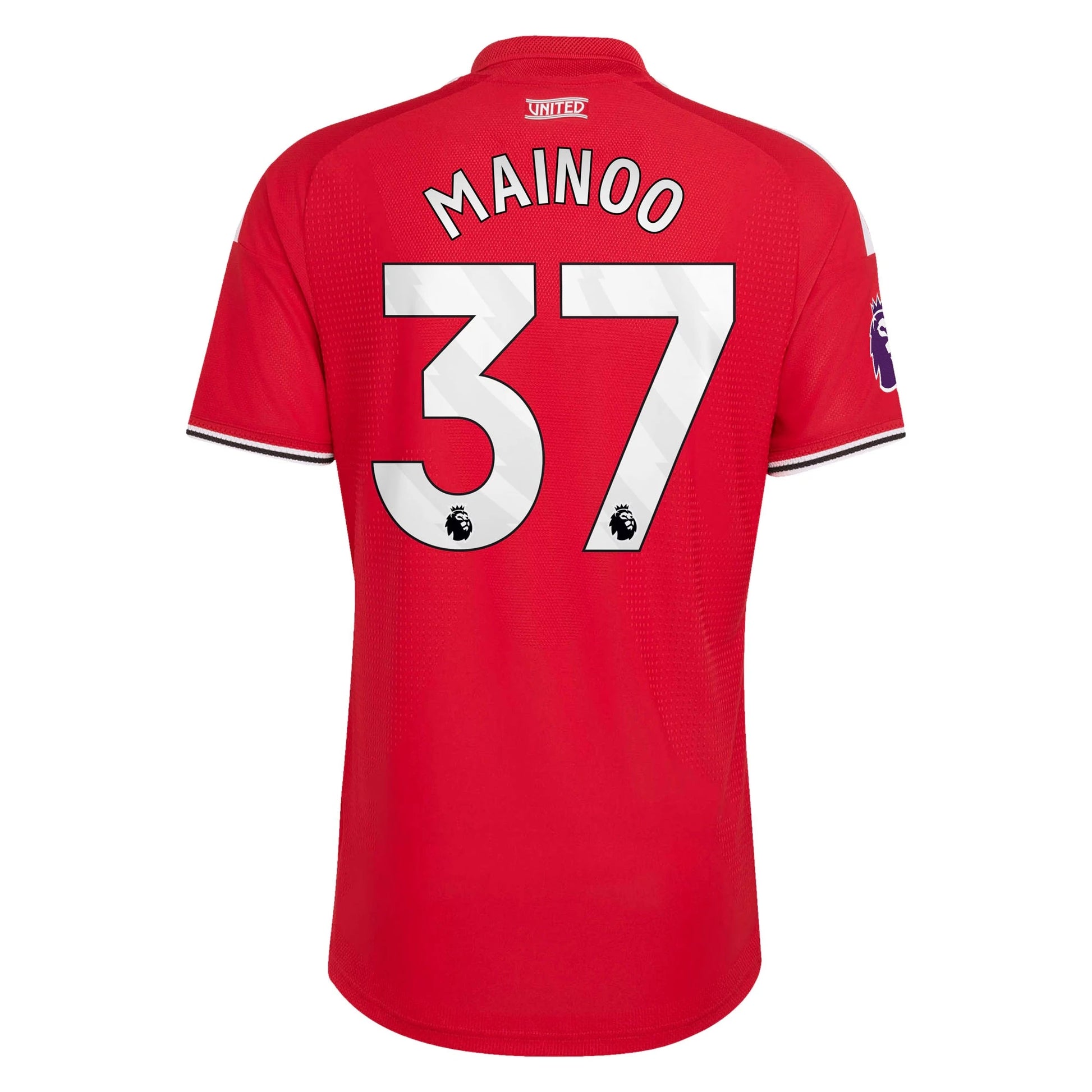Back view of men's Manchester United 2026-2027 home red on-field authentic football shirt with Kobbie Mainoo name and number 37 printing by Final Third Kit