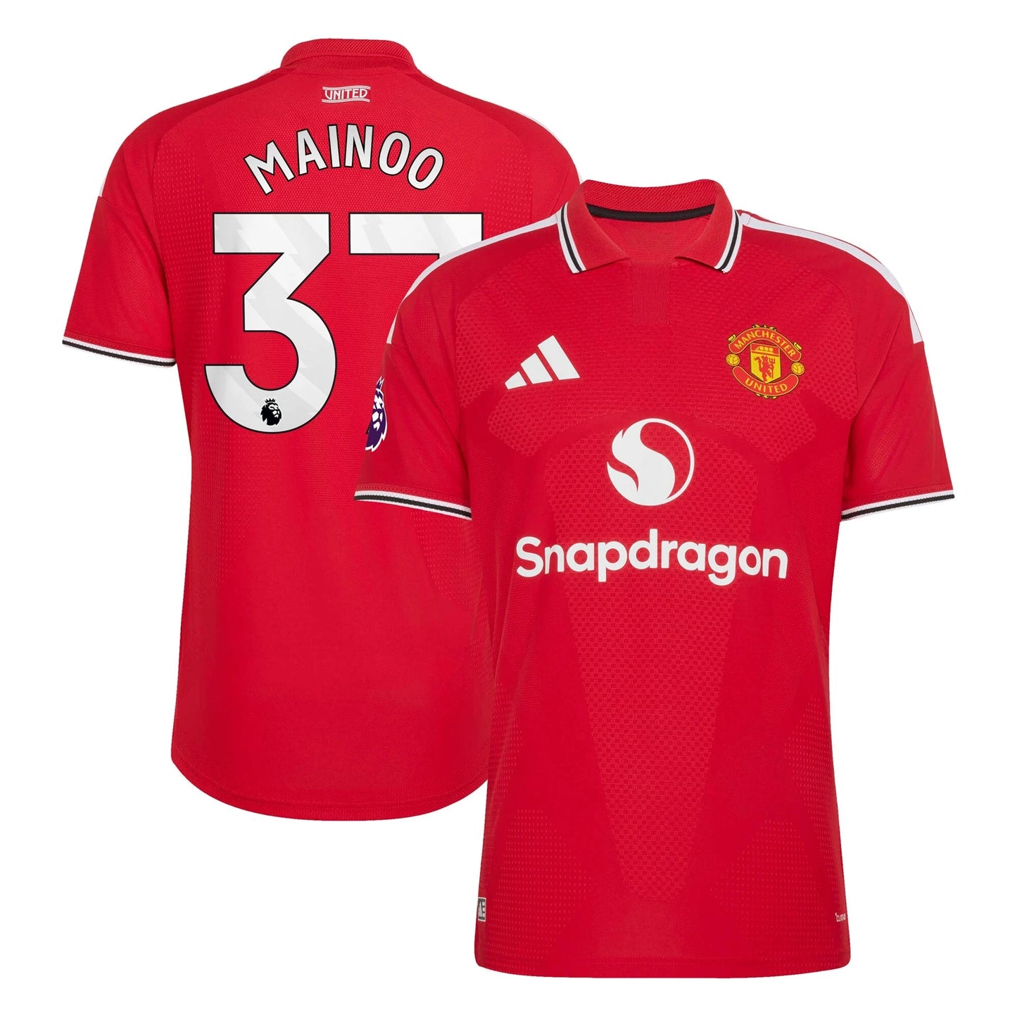 Front and back view of men's Manchester United 2026-2027 home red on-field authentic jersey featuring Kobbie Mainoo by Final Third Kit