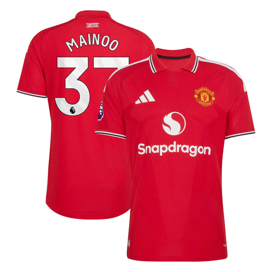 Front and back view of men's Manchester United 2026-2027 home red on-field authentic jersey featuring Kobbie Mainoo by Final Third Kit