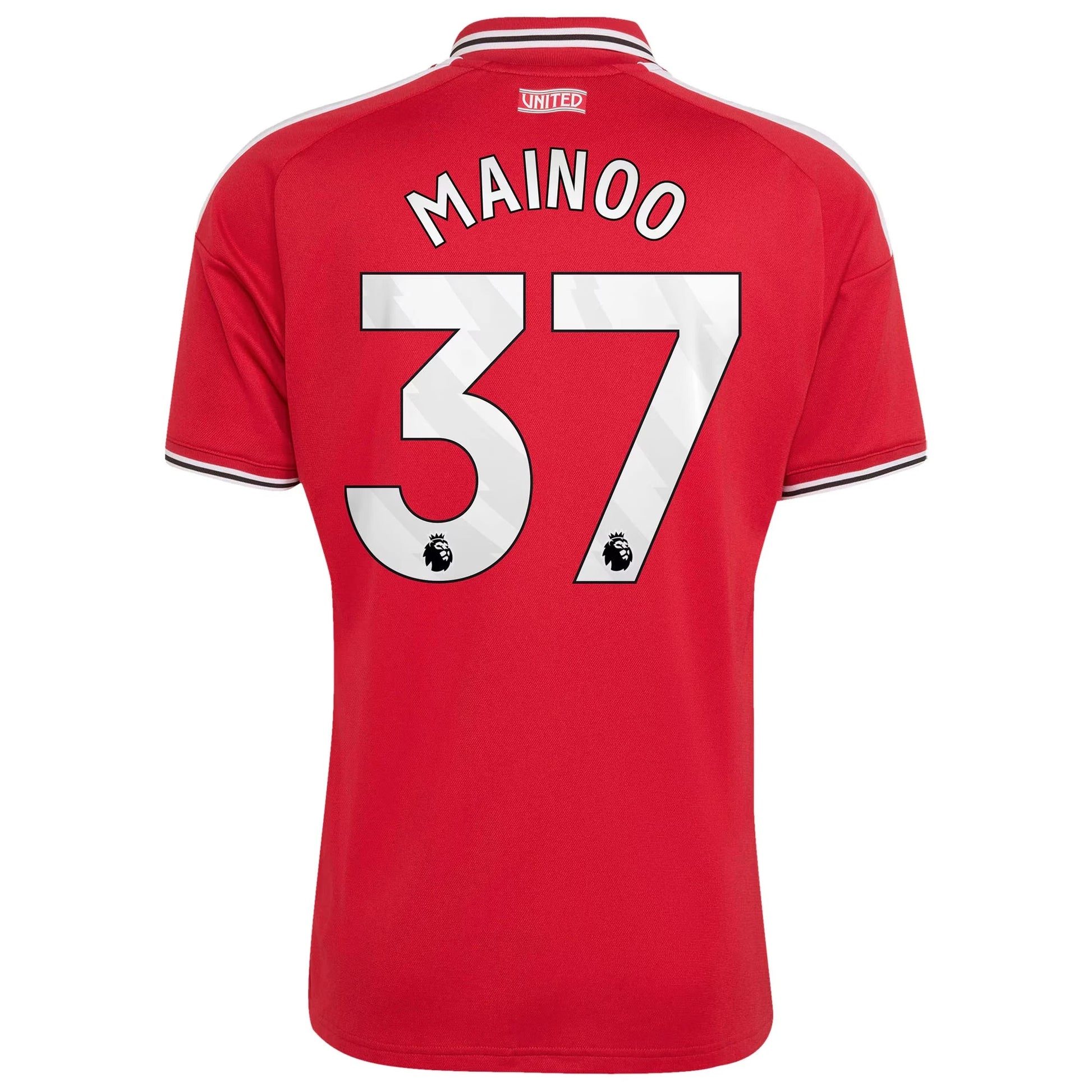 Back view of men's Manchester United 2026-2027 home red replica football shirt with Kobbie Mainoo name and number 37 printing by Final Third Kit
