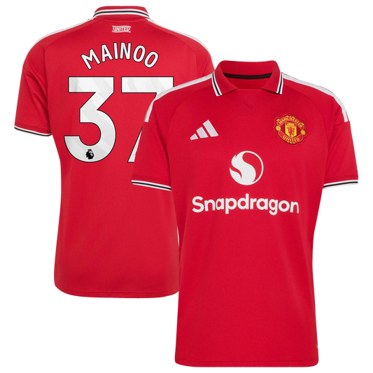 Front and back view of men's Manchester United 2026-2027 home red replica jersey featuring Kobbie Mainoo by Final Third Kit