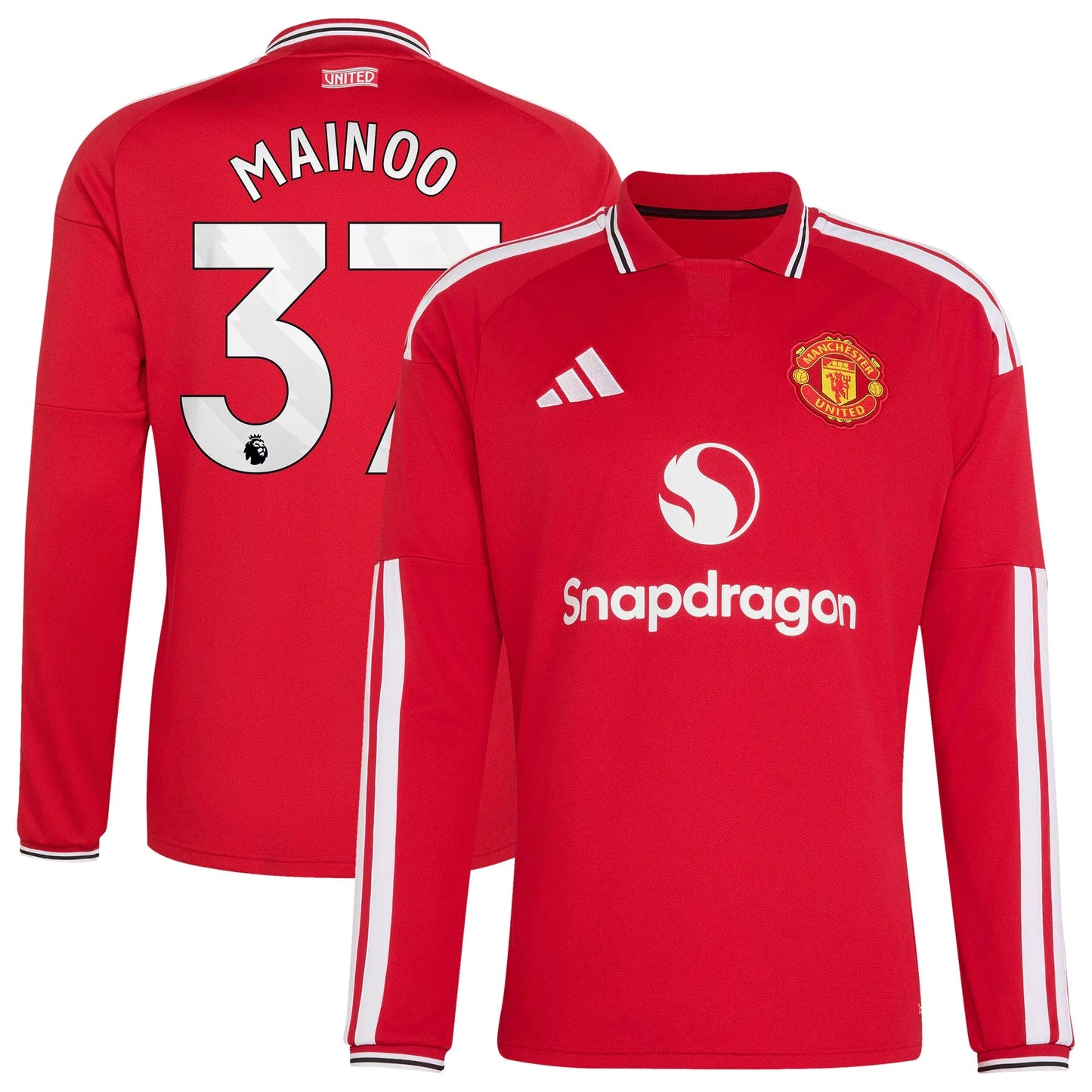 Front and back view of men's Manchester United 2026-2027 home red replica long sleeve jersey featuring Kobbie Mainoo by Final Third Kit