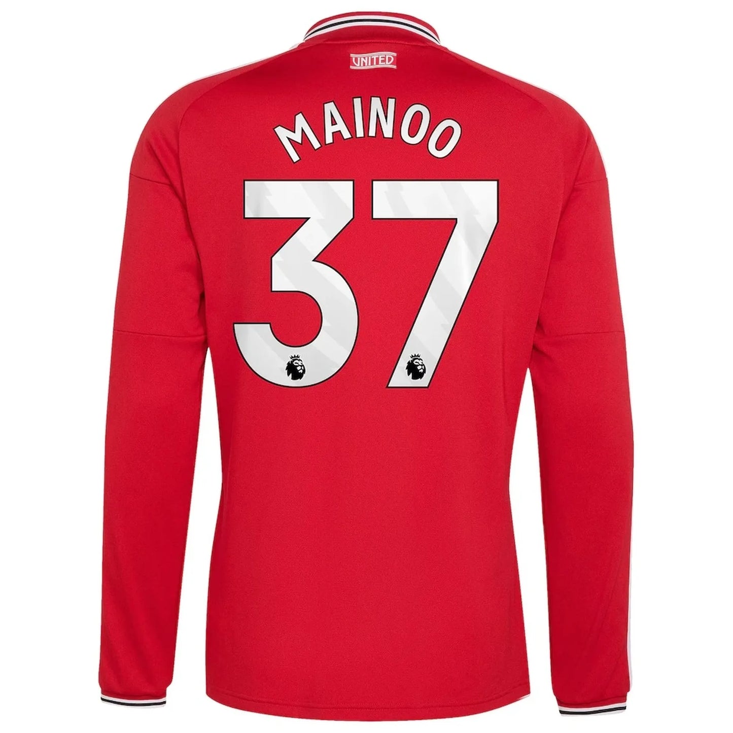 Back view of men's Manchester United 2026-2027 home red replica long sleeve football shirt with Kobbie Mainoo name and number 37 printing by Final Third Kit