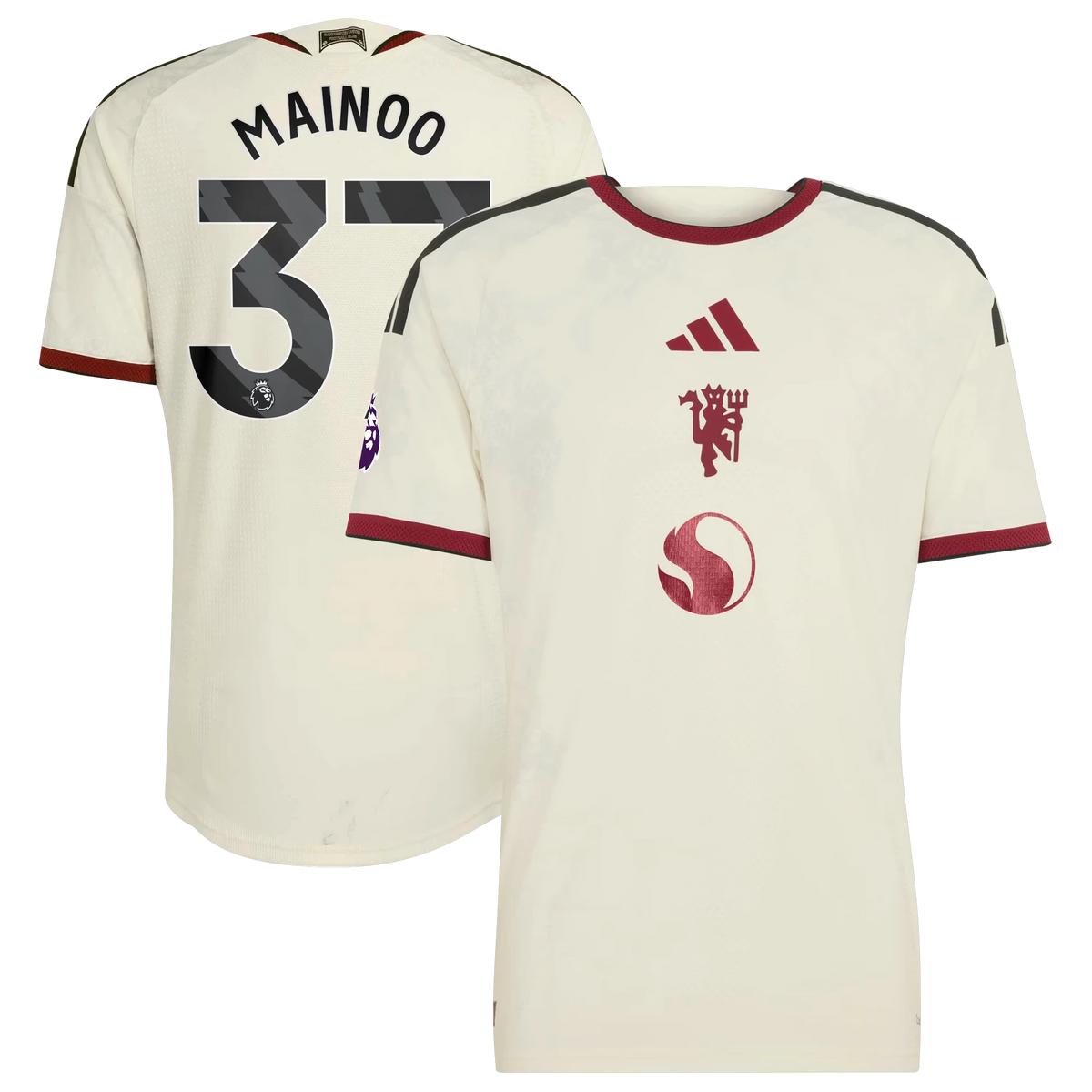 Front and back view of Manchester United 2026-2027 third cream on-field authentic jersey featuring Kobbie Mainoo by Final Third Kit