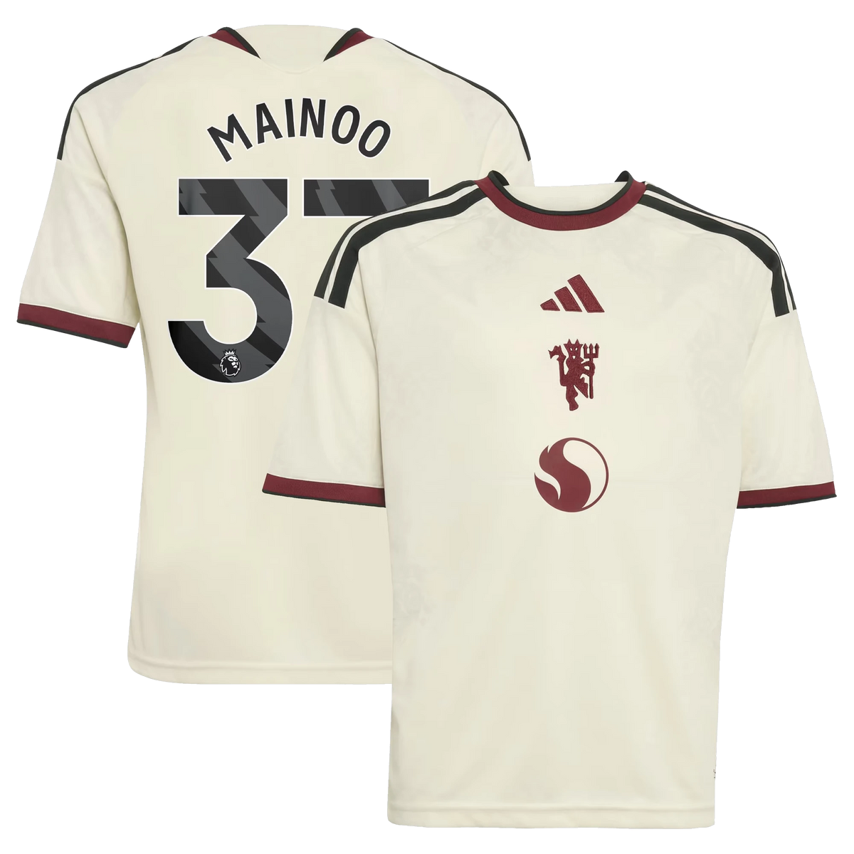 Front and back view of youth Manchester United 2026-2027 third cream replica jersey featuring Kobbie Mainoo by Final Third Kit