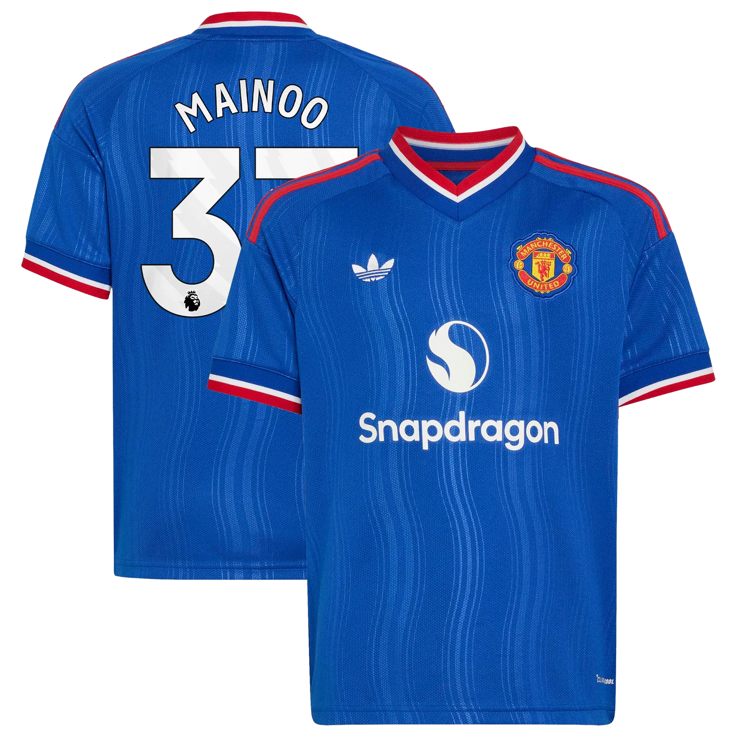 Front and back view of youth Manchester United 2026-2027 away royal blue replica jersey featuring Kobbie Mainoo by Final Third Kit