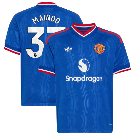 Front and back view of youth Manchester United 2026-2027 away royal blue replica jersey featuring Kobbie Mainoo by Final Third Kit