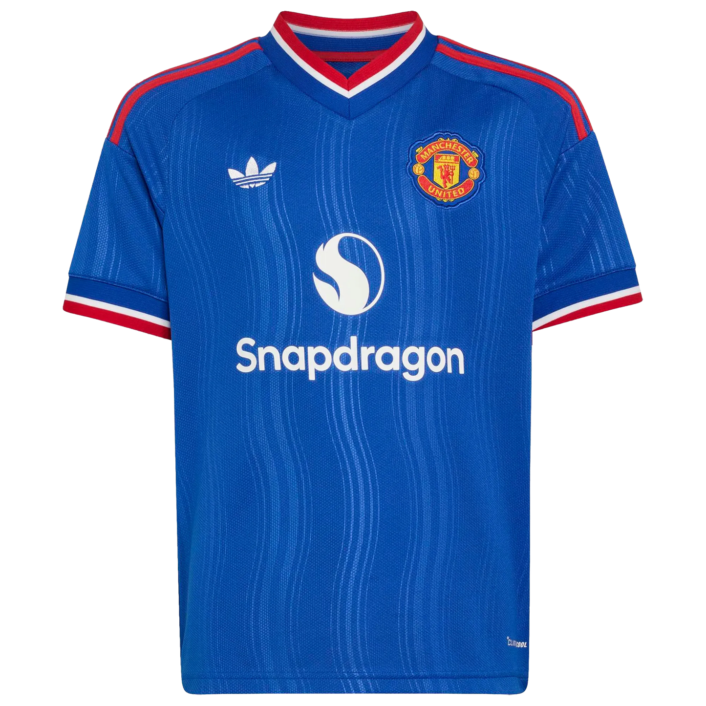 Front view of youth Manchester United 2026-2027 away royal blue replica soccer jersey by Final Third Kit