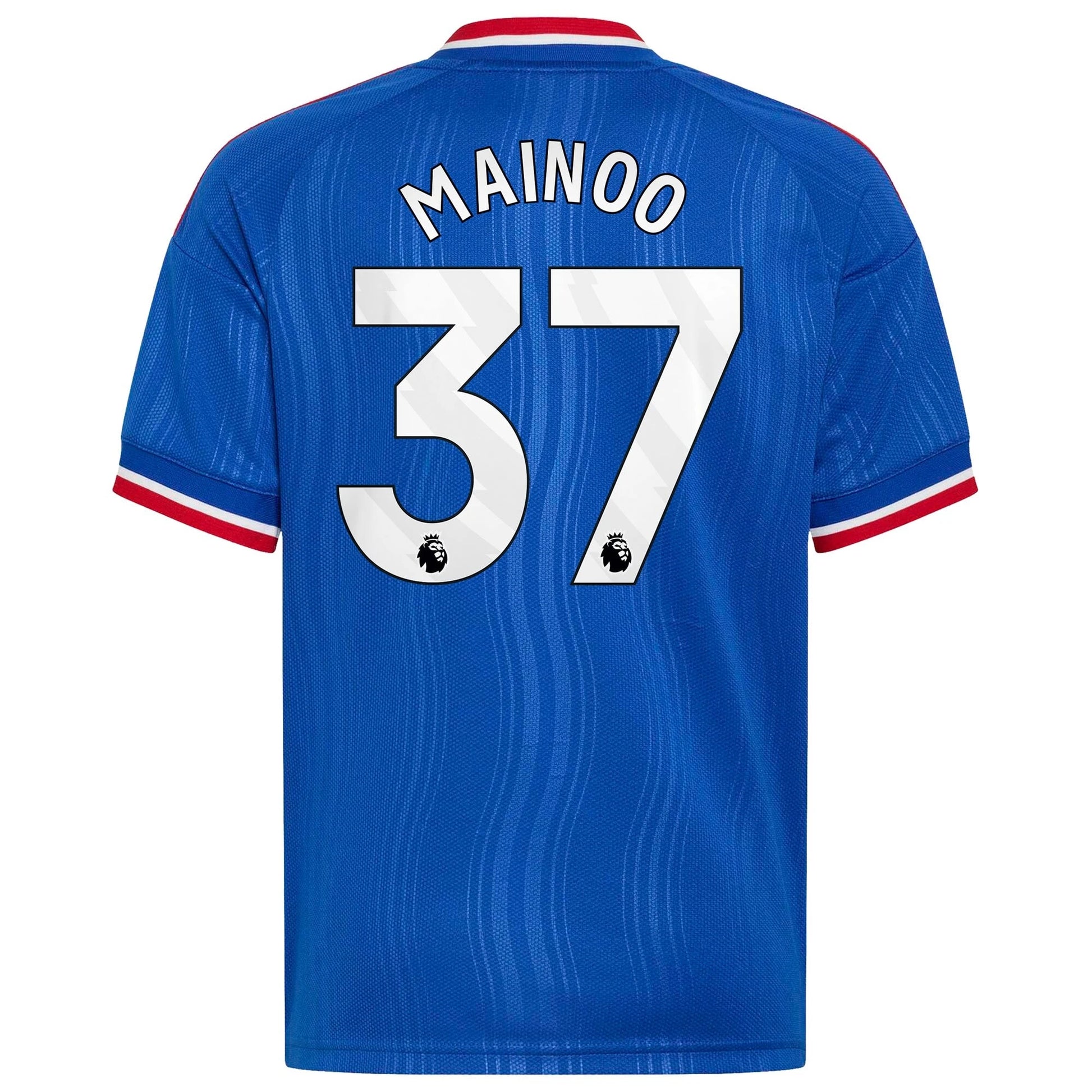 Back view of youth Manchester United 2026-2027 away royal blue football shirt with Kobbie Mainoo name and number 37 printing by Final Third Kit