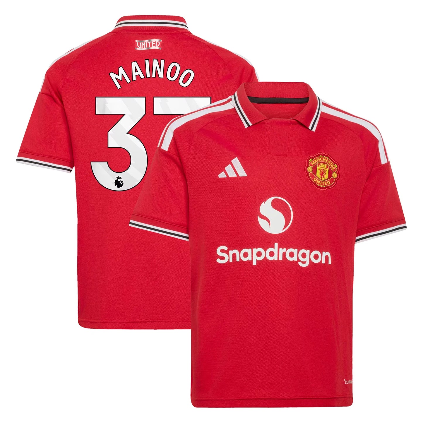 Front and back view of youth Manchester United 2026-2027 home red replica jersey featuring Kobbie Mainoo by Final Third Kit