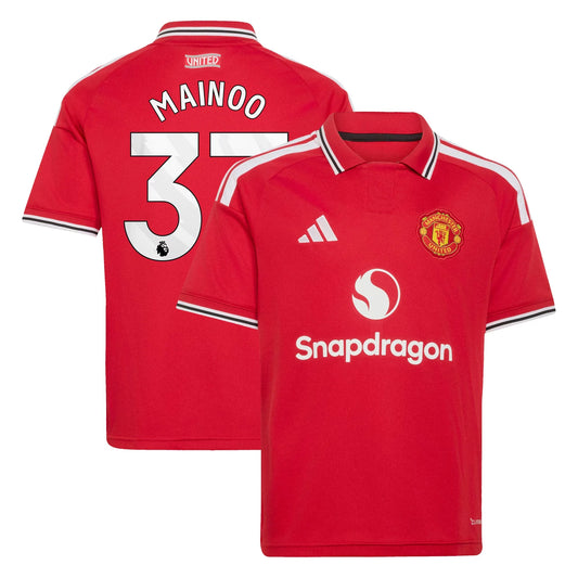 Front and back view of youth Manchester United 2026-2027 home red replica jersey featuring Kobbie Mainoo by Final Third Kit
