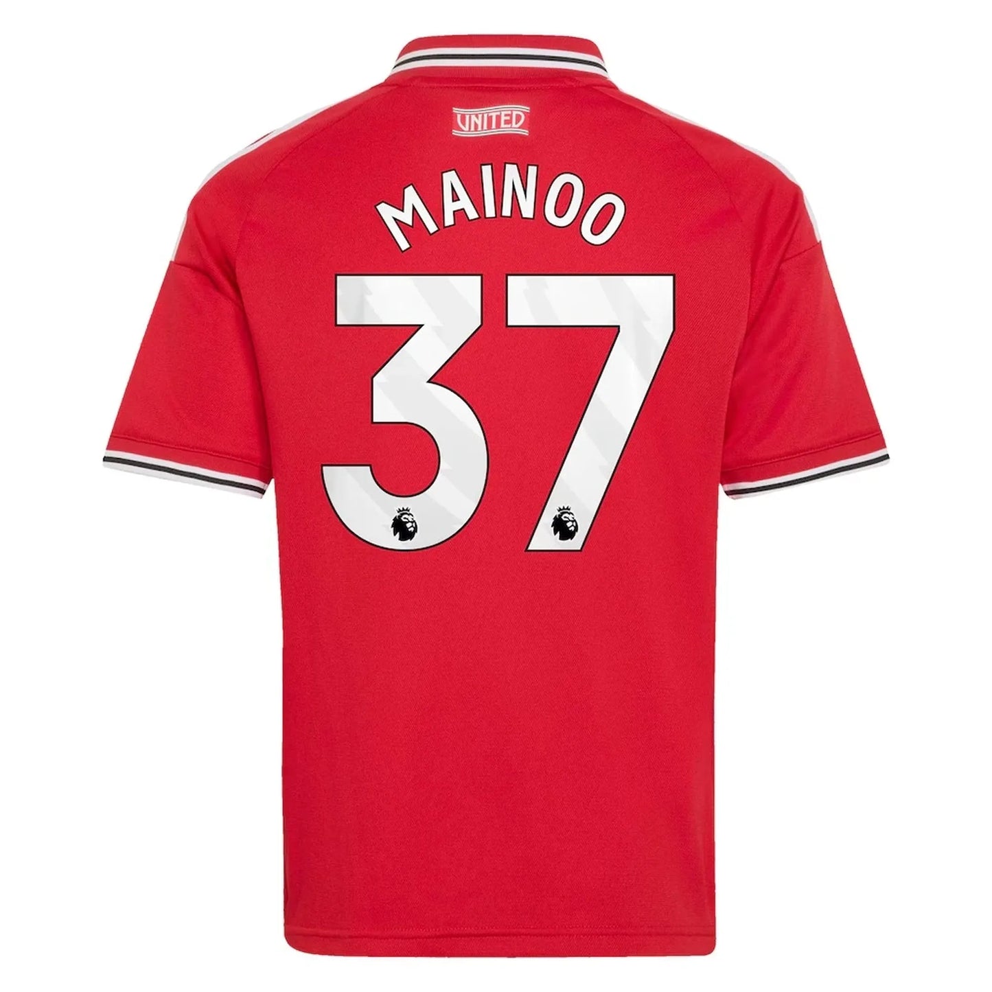 Back view of youth Manchester United 2026-2027 home red football shirt with Kobbie Mainoo name and number 37 printing by Final Third Kit