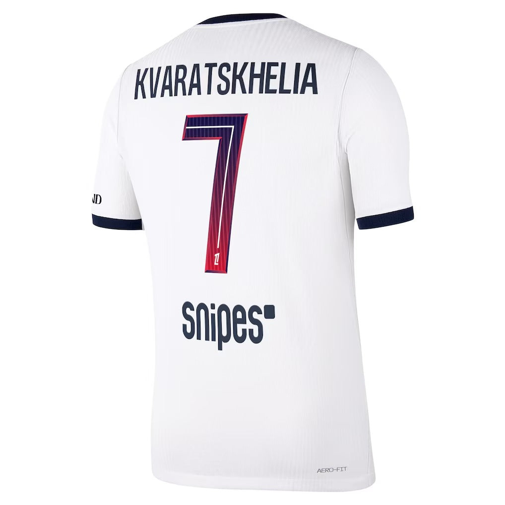 Back view of men's Paris Saint-Germain 2026-2027 away white stadium replica football shirt with Kvaratskhelia name and number 7 printing by Final Third Kit