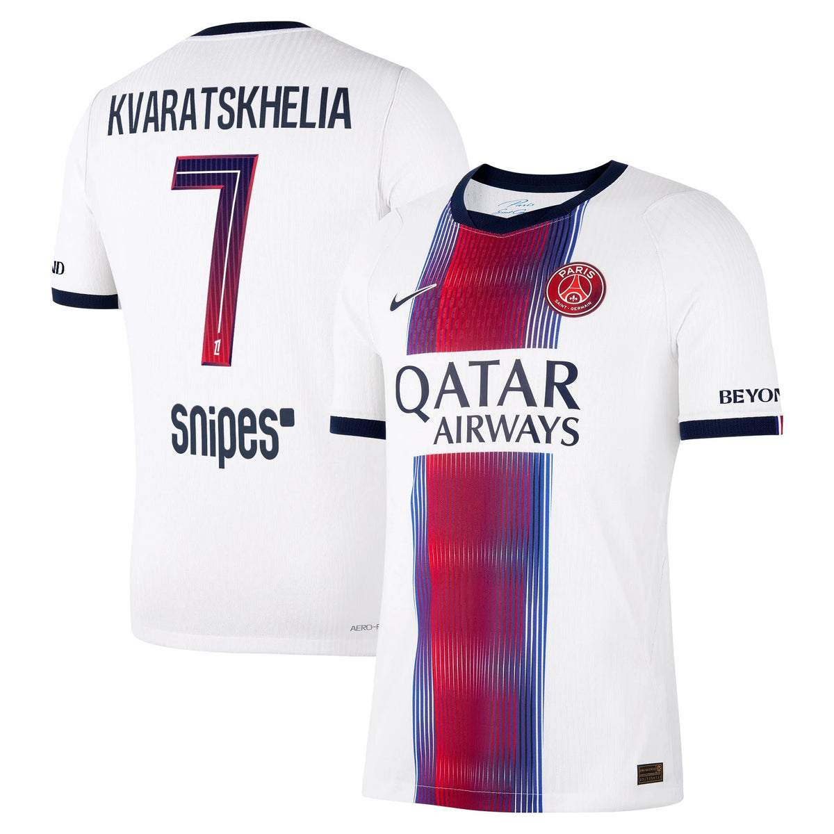 Front and back view of men's Paris Saint-Germain 2026-2027 away white match authentic jersey featuring Kvaratskhelia by Final Third Kit