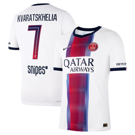 Front and back view of men's Paris Saint-Germain 2026-2027 away white match authentic jersey featuring Kvaratskhelia by Final Third Kit