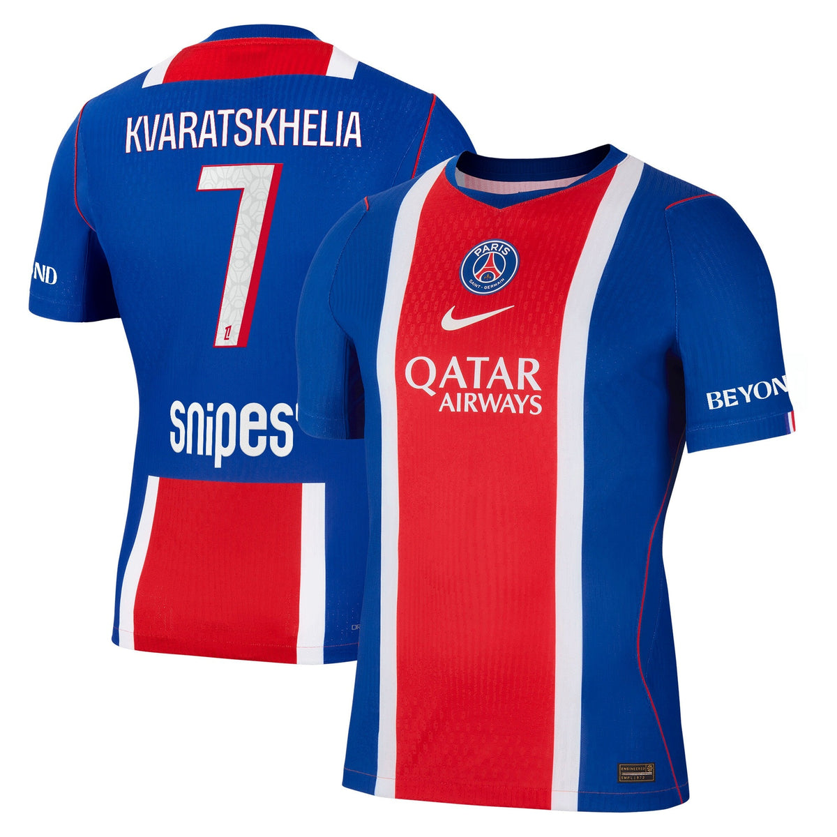 Front and back view of men's Paris Saint-Germain 2026-2027 home blue stadium replica jersey featuring Kvaratskhelia by Final Third Kit