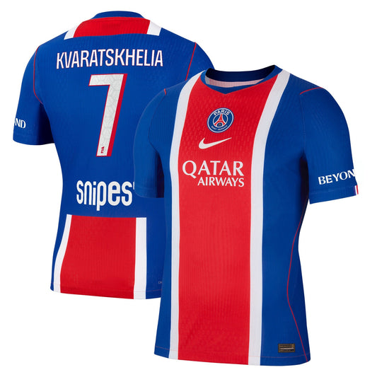 Front and back view of men's Paris Saint-Germain 2026-2027 home blue stadium replica jersey featuring Kvaratskhelia by Final Third Kit