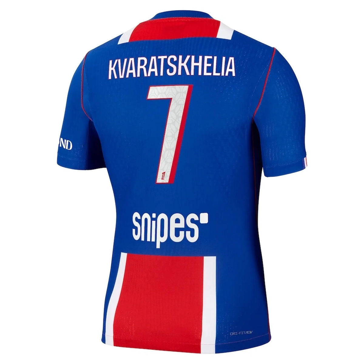 Back view of men's Paris Saint-Germain 2026-2027 home blue match authentic football shirt with Kvaratskhelia name and number 7 printing by Final Third Kit