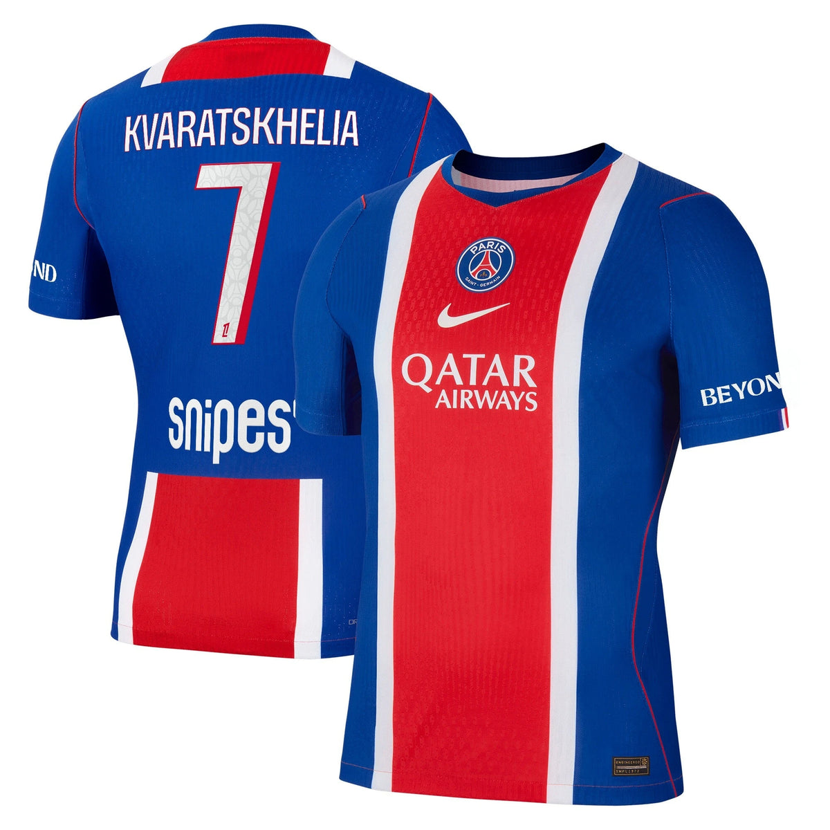 Front and back view of men's Paris Saint-Germain 2026-2027 home blue match authentic jersey featuring Kvaratskhelia by Final Third Kit