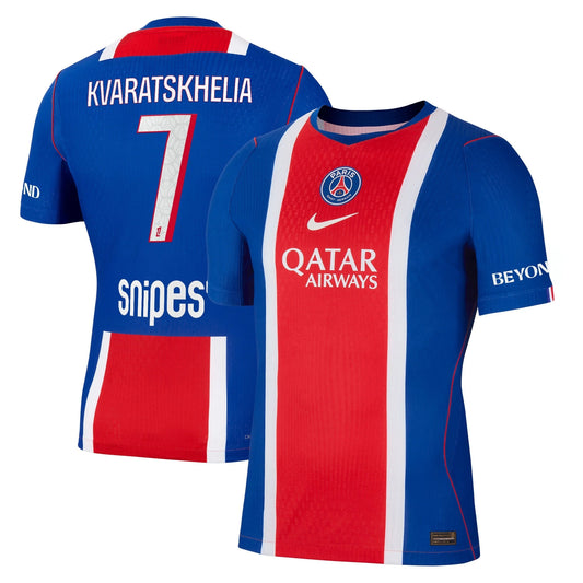 Front and back view of men's Paris Saint-Germain 2026-2027 home blue match authentic jersey featuring Kvaratskhelia by Final Third Kit