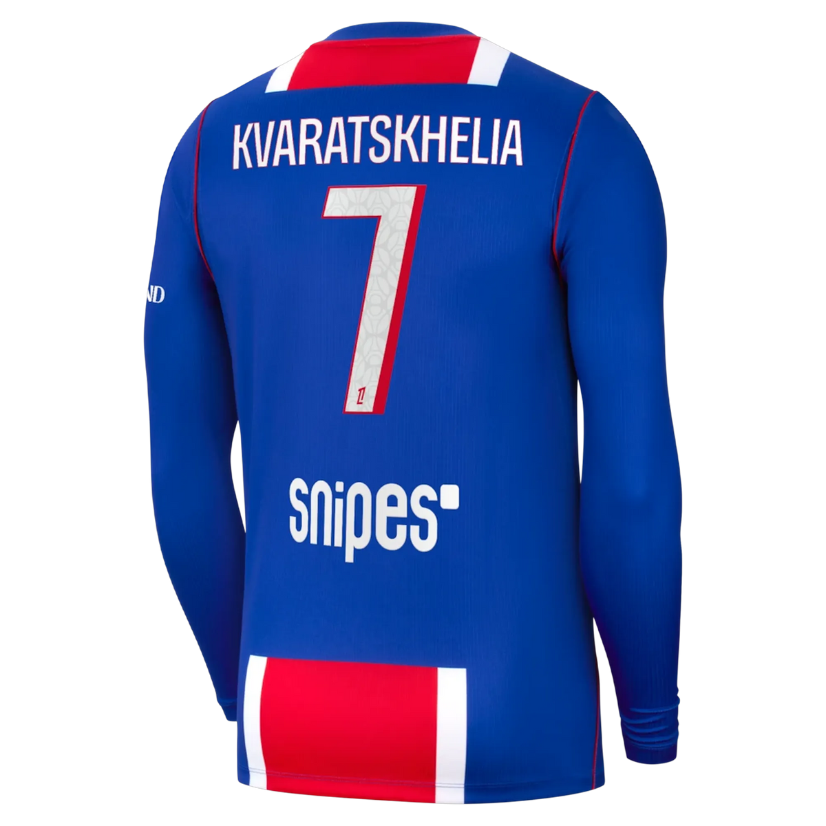Back view of men's Paris Saint-Germain 2026-2027 home blue stadium replica long sleeve football shirt with Kvaratskhelia name and number 7 printing by Final Third Kit