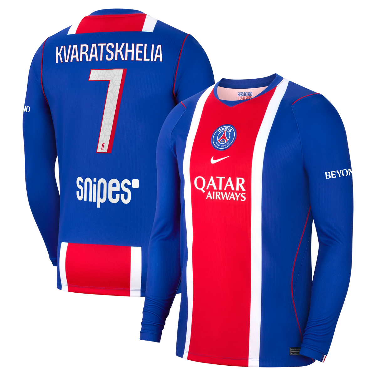 Front and back view of men's Paris Saint-Germain 2026-2027 home blue stadium replica long sleeve jersey featuring Kvaratskhelia by Final Third Kit