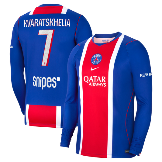 Front and back view of men's Paris Saint-Germain 2026-2027 home blue stadium replica long sleeve jersey featuring Kvaratskhelia by Final Third Kit