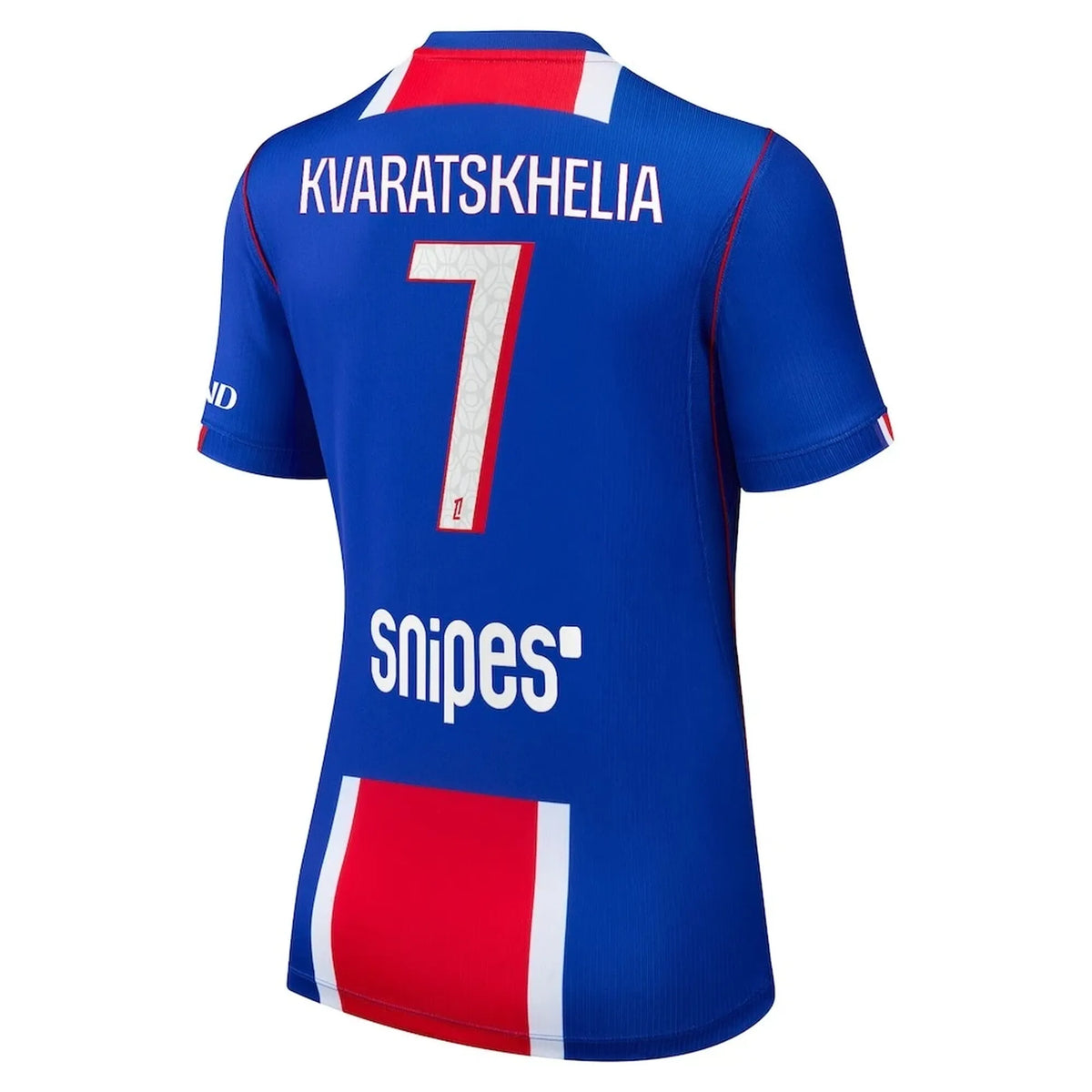 Back view of women's Paris Saint-Germain 2026-2027 home blue stadium replica football shirt with Kvaratskhelia name and number 7 printing by Final Third Kit