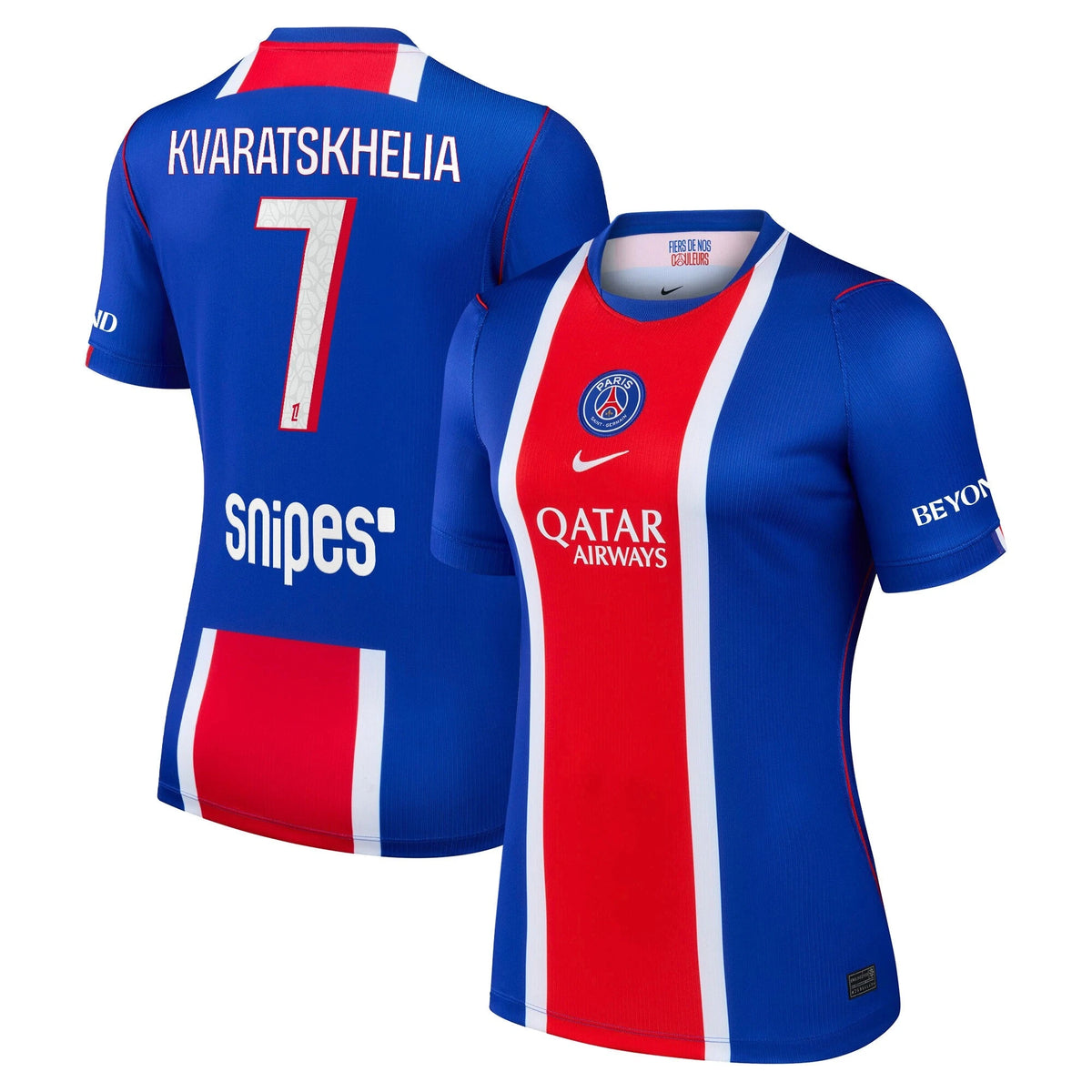 Front and back view of women's Paris Saint-Germain 2026-2027 home blue stadium replica custom jersey featuring Kvaratskhelia by Final Third Kit