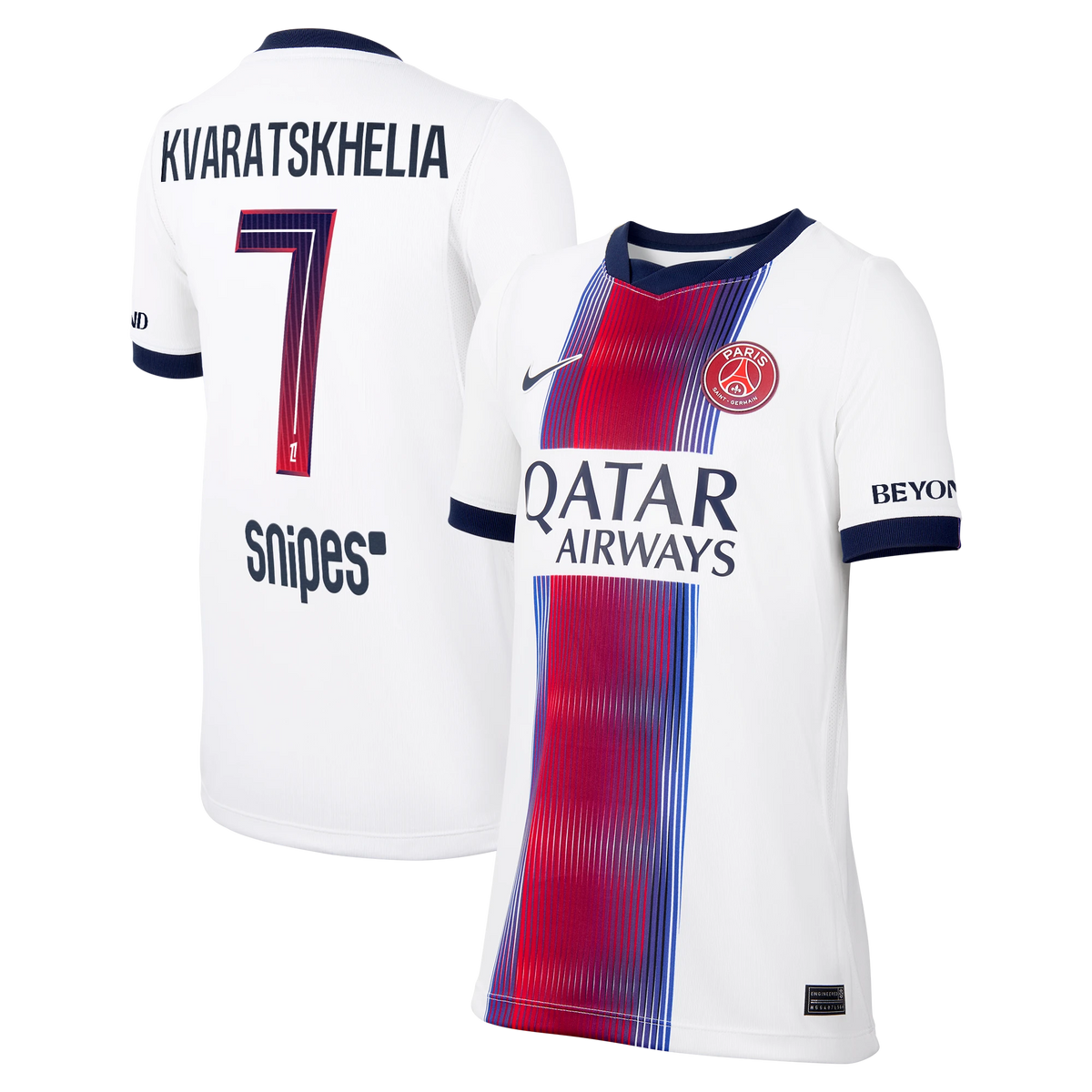 Front and back view of youth Paris Saint-Germain 2026-2027 away white match authentic custom jersey featuring Kvaratskhelia by Final Third Kit