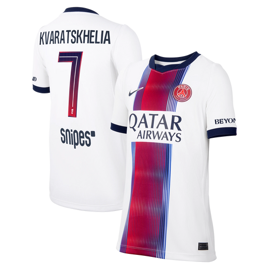 Front and back view of youth Paris Saint-Germain 2026-2027 away white match authentic custom jersey featuring Kvaratskhelia by Final Third Kit
